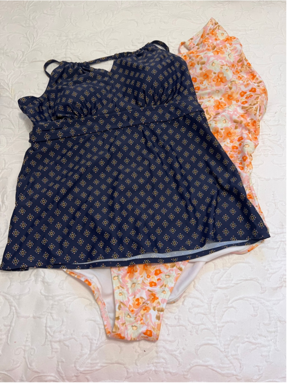 Women's Kona Sol XL Swimsuit Bundle One Piece Swimsuit Orange Floral & Navy Top